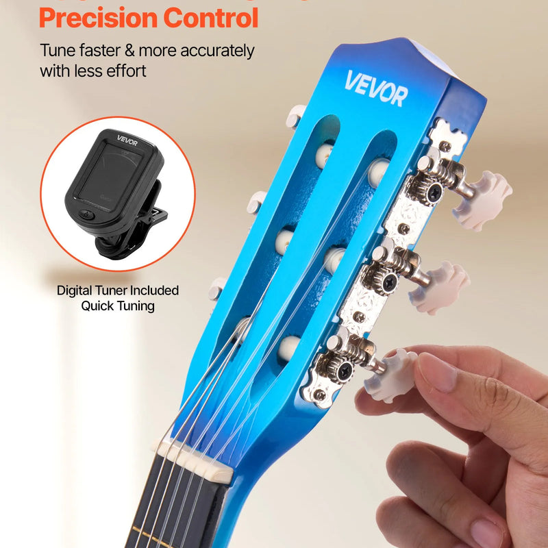 VEVOR klasiskā ģitāra 780 mm ar neilona stīgām un iesācēju piederumu komplektu (soma, siksna, skaņotājs, stīgas, plektri, kapo), liepu koka korpuss, bērniem, zila