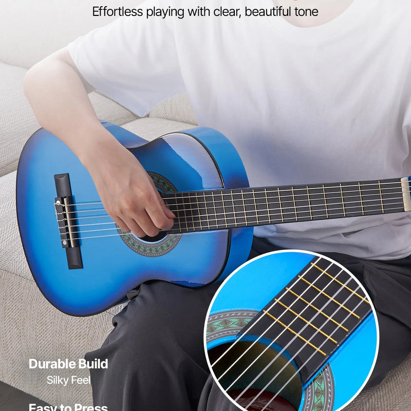 VEVOR klasiskā ģitāra 780 mm ar neilona stīgām un iesācēju piederumu komplektu (soma, siksna, skaņotājs, stīgas, plektri, kapo), liepu koka korpuss, bērniem, zila