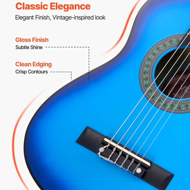 VEVOR klasiskā ģitāra 780 mm ar neilona stīgām un iesācēju piederumu komplektu (soma, siksna, skaņotājs, stīgas, plektri, kapo), liepu koka korpuss, bērniem, zila