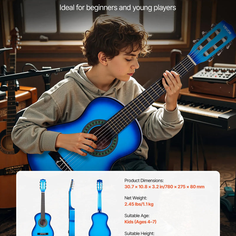 VEVOR klasiskā ģitāra 780 mm ar neilona stīgām un iesācēju piederumu komplektu (soma, siksna, skaņotājs, stīgas, plektri, kapo), liepu koka korpuss, bērniem, zila