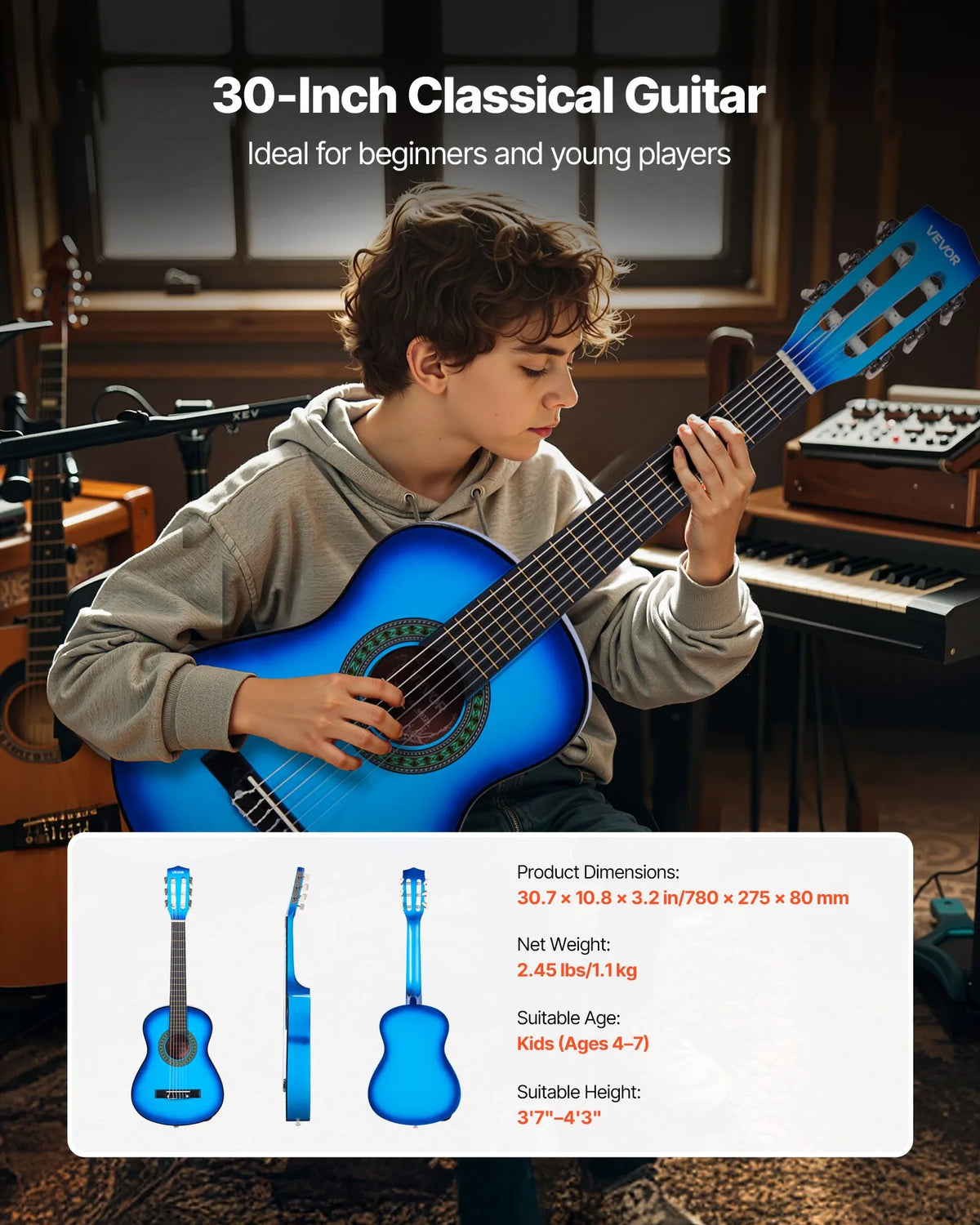 VEVOR Classical Guitar 780 mm with Nylon Strings, Beginner Kit with Bag, Strap, Tuner and Capo, Children, Blue