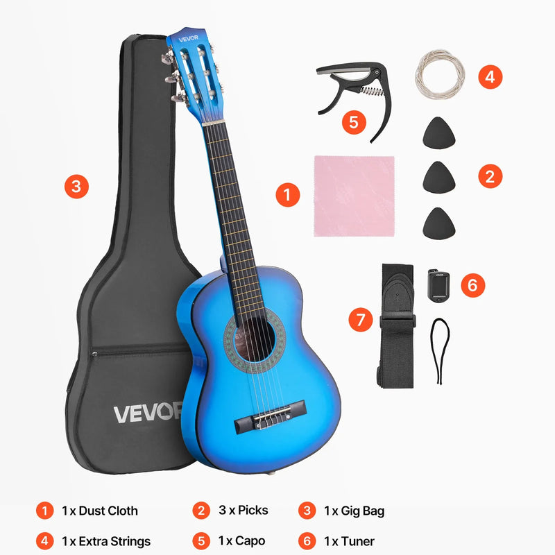 VEVOR klasiskā ģitāra 780 mm ar neilona stīgām un iesācēju piederumu komplektu (soma, siksna, skaņotājs, stīgas, plektri, kapo), liepu koka korpuss, bērniem, zila