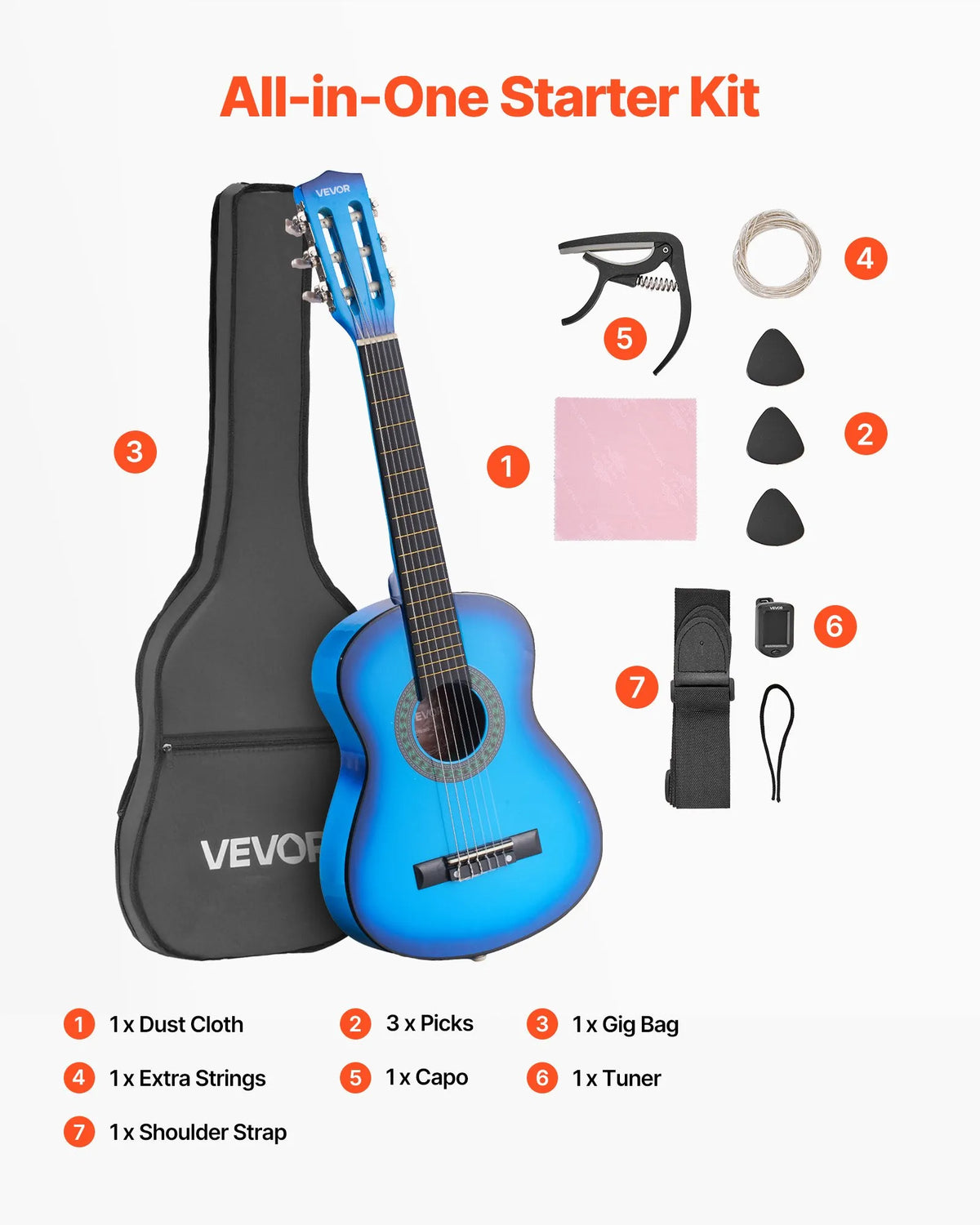 VEVOR Classical Guitar 780 mm with Nylon Strings, Beginner Kit with Bag, Strap, Tuner and Capo, Children, Blue