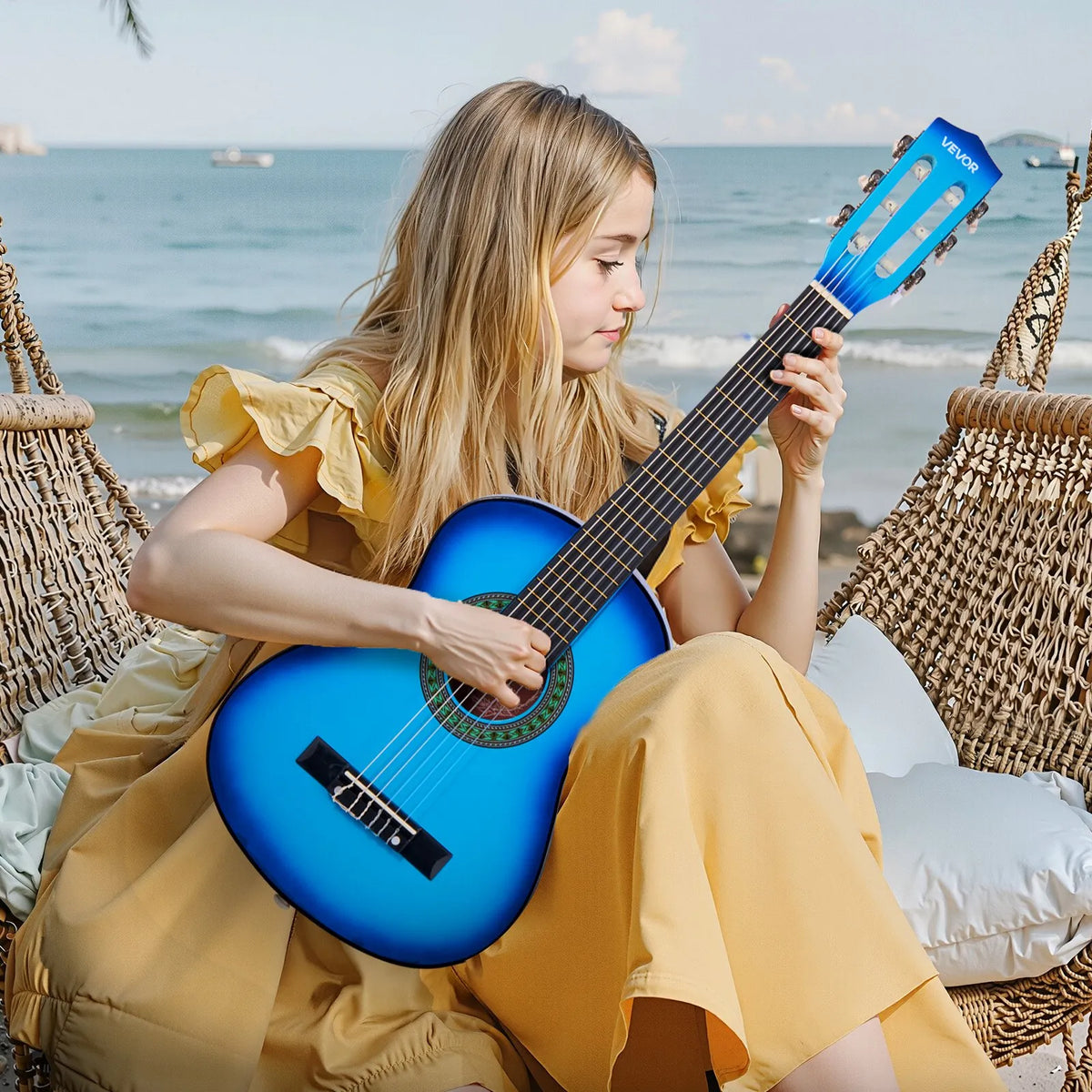 VEVOR Classical Guitar 780 mm with Nylon Strings, Beginner Kit with Bag, Strap, Tuner and Capo, Children, Blue