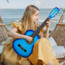 VEVOR klasiskā ģitāra 780 mm ar neilona stīgām un iesācēju piederumu komplektu (soma, siksna, skaņotājs, stīgas, plektri, kapo), liepu koka korpuss, bērniem, zila