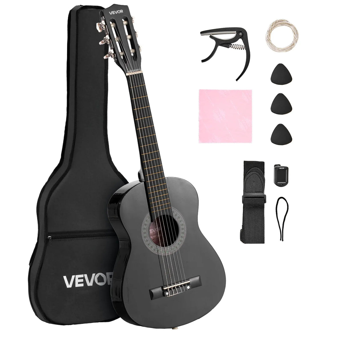 VEVOR Classical Guitar 780 mm with Nylon Strings, Beginner Kit with Bag, Strap, Tuner and Capo, for Children, Black