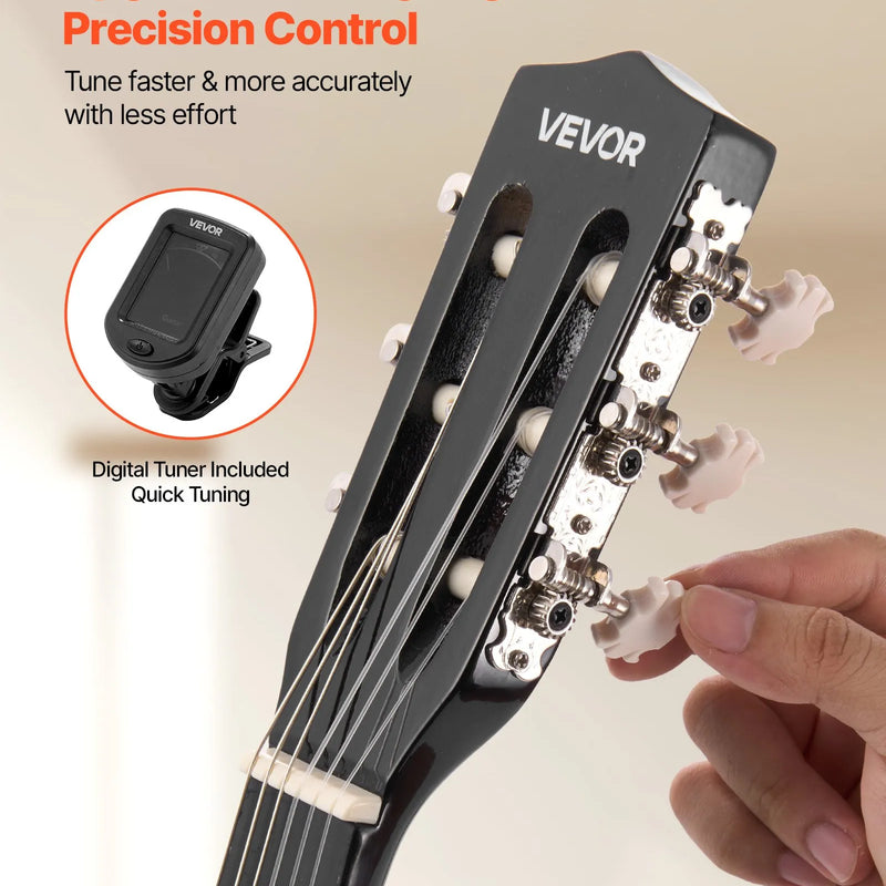 VEVOR klasiskā ģitāra, 780 mm, sākuma komplekts iesācējiem ar neilona stīgām, pārvalku, siksnu, skaņotāju, papildu stīgām, mediatoriem un kapo, liepkoka korpuss, bērniem un jauniešiem, melnā krāsā
