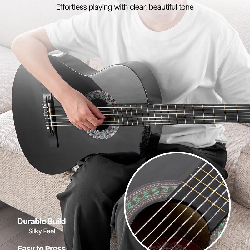 VEVOR klasiskā ģitāra, 780 mm, sākuma komplekts iesācējiem ar neilona stīgām, pārvalku, siksnu, skaņotāju, papildu stīgām, mediatoriem un kapo, liepkoka korpuss, bērniem un jauniešiem, melnā krāsā