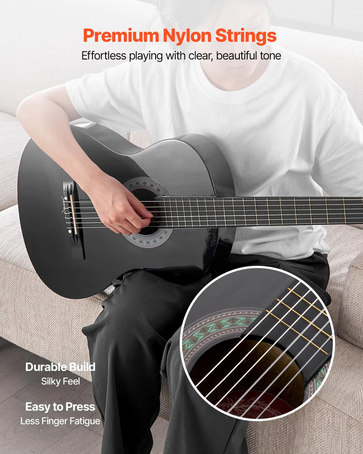 VEVOR Classical Guitar 780 mm with Nylon Strings, Beginner Kit with Bag, Strap, Tuner and Capo, for Children, Black