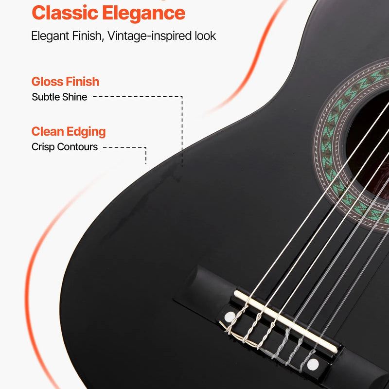 VEVOR klasiskā ģitāra, 780 mm, sākuma komplekts iesācējiem ar neilona stīgām, pārvalku, siksnu, skaņotāju, papildu stīgām, mediatoriem un kapo, liepkoka korpuss, bērniem un jauniešiem, melnā krāsā