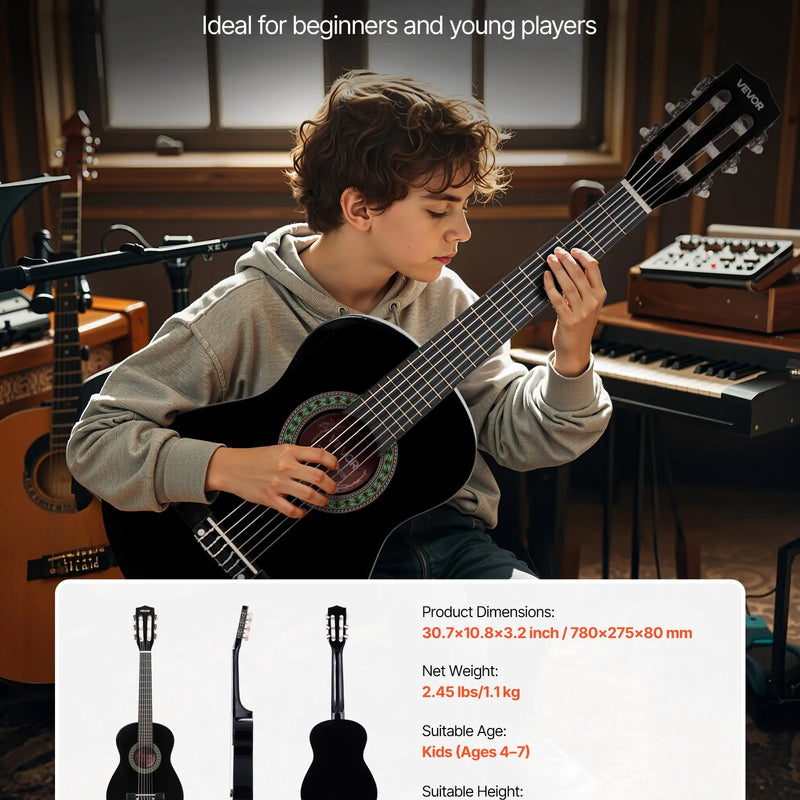 VEVOR klasiskā ģitāra, 780 mm, sākuma komplekts iesācējiem ar neilona stīgām, pārvalku, siksnu, skaņotāju, papildu stīgām, mediatoriem un kapo, liepkoka korpuss, bērniem un jauniešiem, melnā krāsā