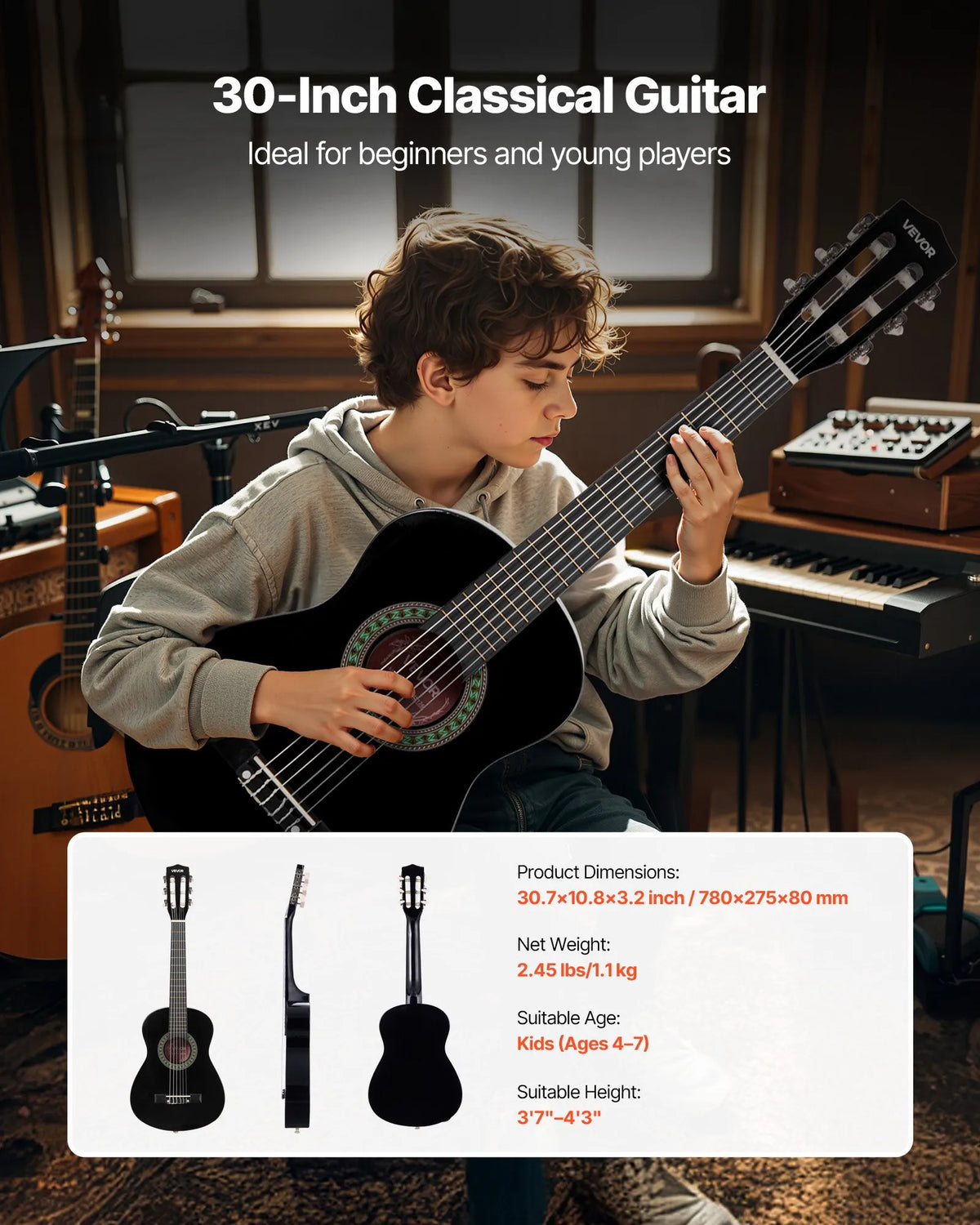 VEVOR Classical Guitar 780 mm with Nylon Strings, Beginner Kit with Bag, Strap, Tuner and Capo, for Children, Black