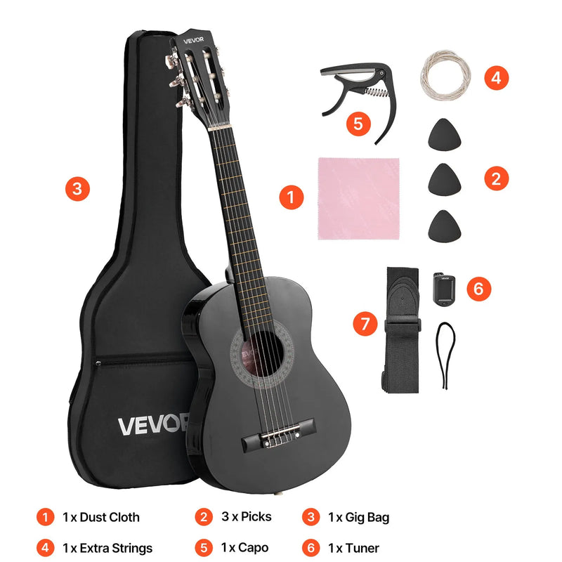 VEVOR klasiskā ģitāra, 780 mm, sākuma komplekts iesācējiem ar neilona stīgām, pārvalku, siksnu, skaņotāju, papildu stīgām, mediatoriem un kapo, liepkoka korpuss, bērniem un jauniešiem, melnā krāsā