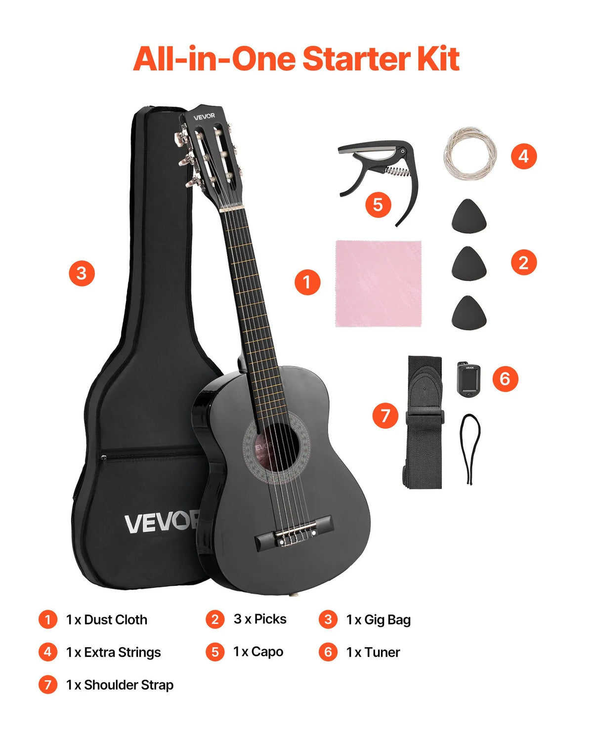 VEVOR Classical Guitar 780 mm with Nylon Strings, Beginner Kit with Bag, Strap, Tuner and Capo, for Children, Black