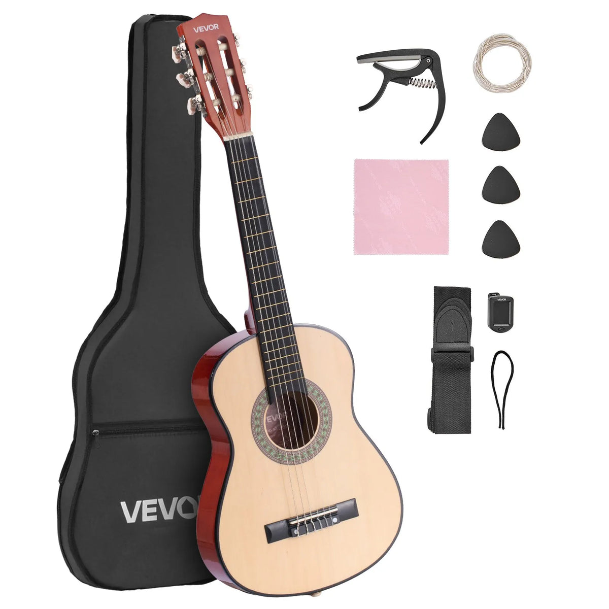VEVOR Classical Guitar 780 mm with Nylon Strings, Beginner Kit with Bag, Strap, Tuner and Capo, for Children, Natural Wood