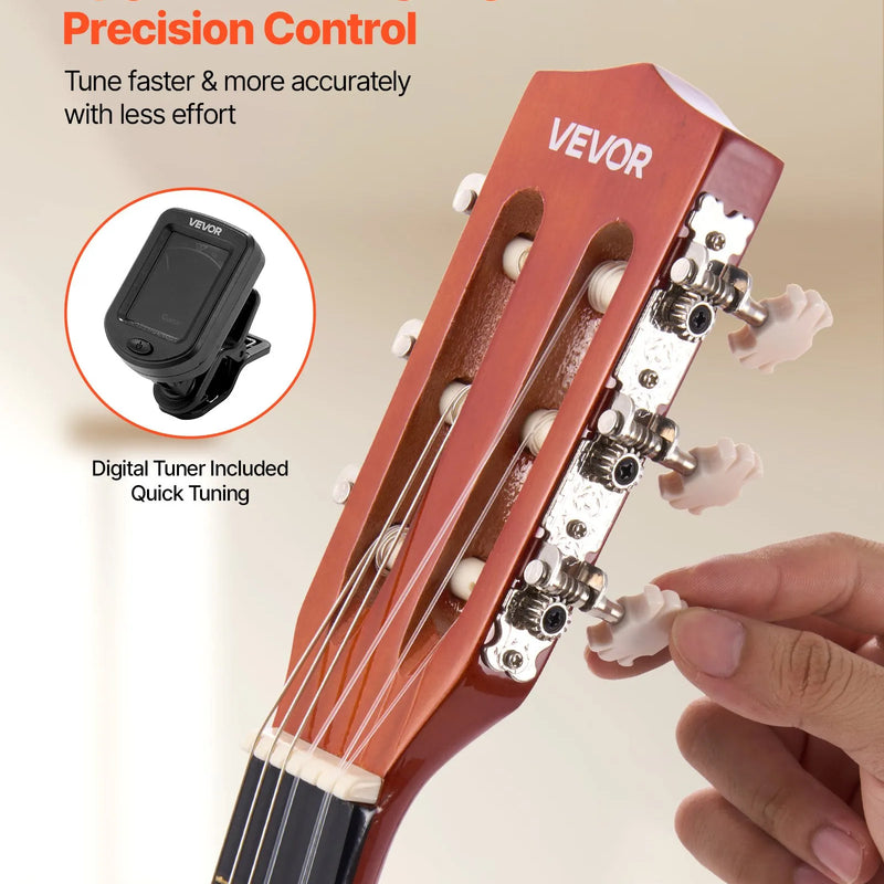 VEVOR klasiskā ģitāra, 780 mm, sākuma komplekts iesācējiem ar neilona stīgām, pārvalku, siksnu, skaņotāju, papildu stīgām, mediatoriem un kapo, liepkoka korpuss, bērniem un jauniešiem, dabīgā koka krāsā