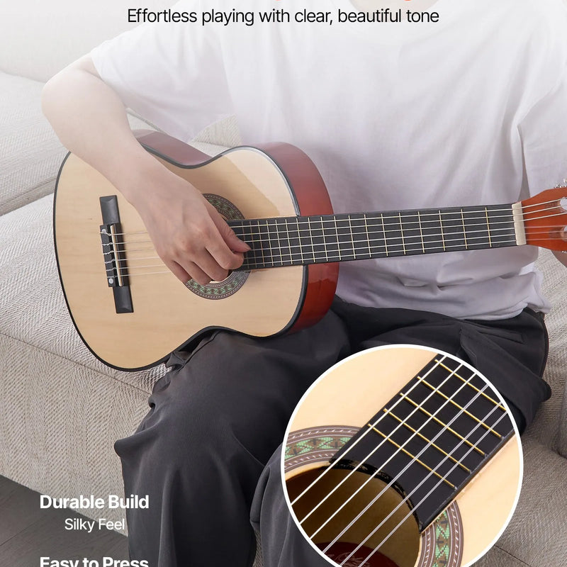 VEVOR klasiskā ģitāra, 780 mm, sākuma komplekts iesācējiem ar neilona stīgām, pārvalku, siksnu, skaņotāju, papildu stīgām, mediatoriem un kapo, liepkoka korpuss, bērniem un jauniešiem, dabīgā koka krāsā