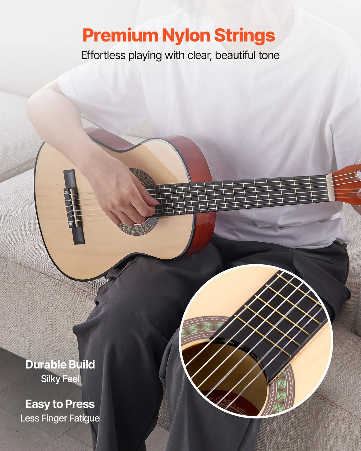 VEVOR Classical Guitar 780 mm with Nylon Strings, Beginner Kit with Bag, Strap, Tuner and Capo, for Children, Natural Wood