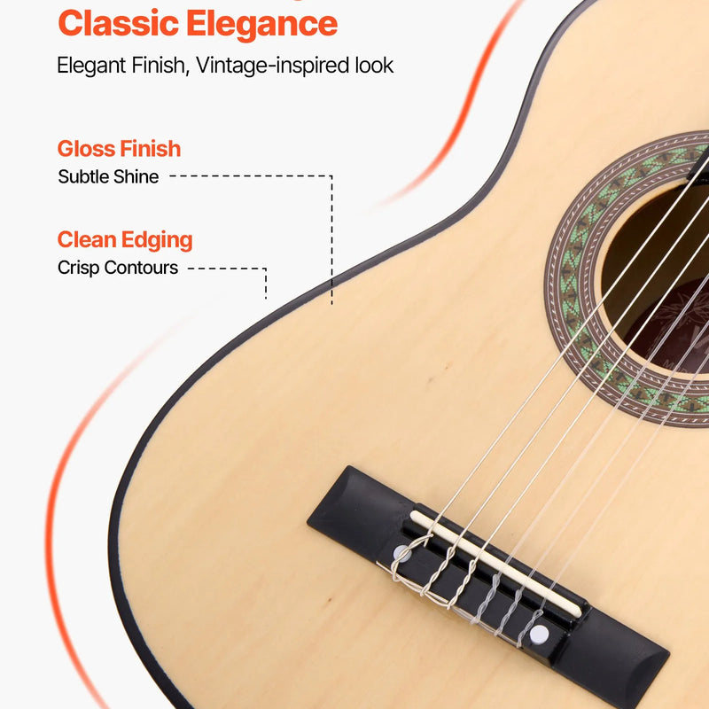 VEVOR klasiskā ģitāra, 780 mm, sākuma komplekts iesācējiem ar neilona stīgām, pārvalku, siksnu, skaņotāju, papildu stīgām, mediatoriem un kapo, liepkoka korpuss, bērniem un jauniešiem, dabīgā koka krāsā