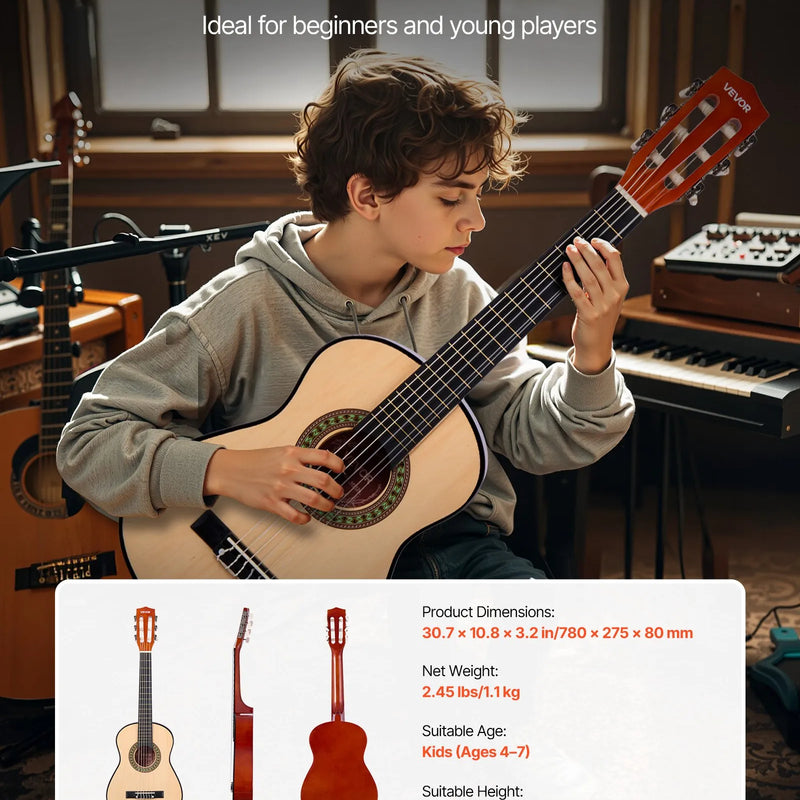 VEVOR klasiskā ģitāra, 780 mm, sākuma komplekts iesācējiem ar neilona stīgām, pārvalku, siksnu, skaņotāju, papildu stīgām, mediatoriem un kapo, liepkoka korpuss, bērniem un jauniešiem, dabīgā koka krāsā