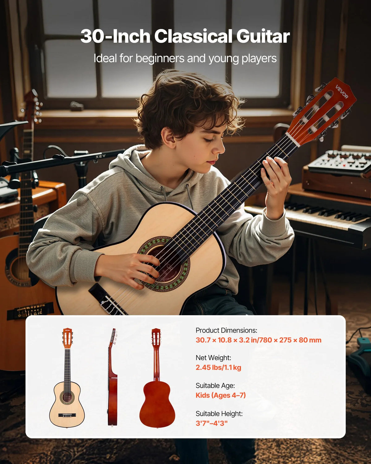 VEVOR Classical Guitar 780 mm with Nylon Strings, Beginner Kit with Bag, Strap, Tuner and Capo, for Children, Natural Wood