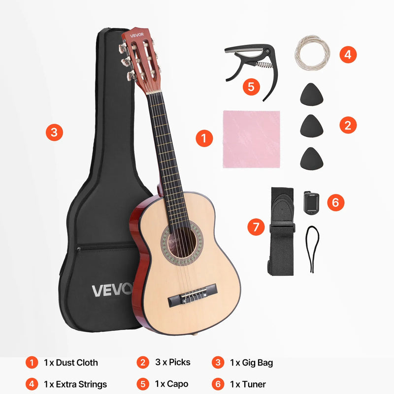 VEVOR klasiskā ģitāra, 780 mm, sākuma komplekts iesācējiem ar neilona stīgām, pārvalku, siksnu, skaņotāju, papildu stīgām, mediatoriem un kapo, liepkoka korpuss, bērniem un jauniešiem, dabīgā koka krāsā
