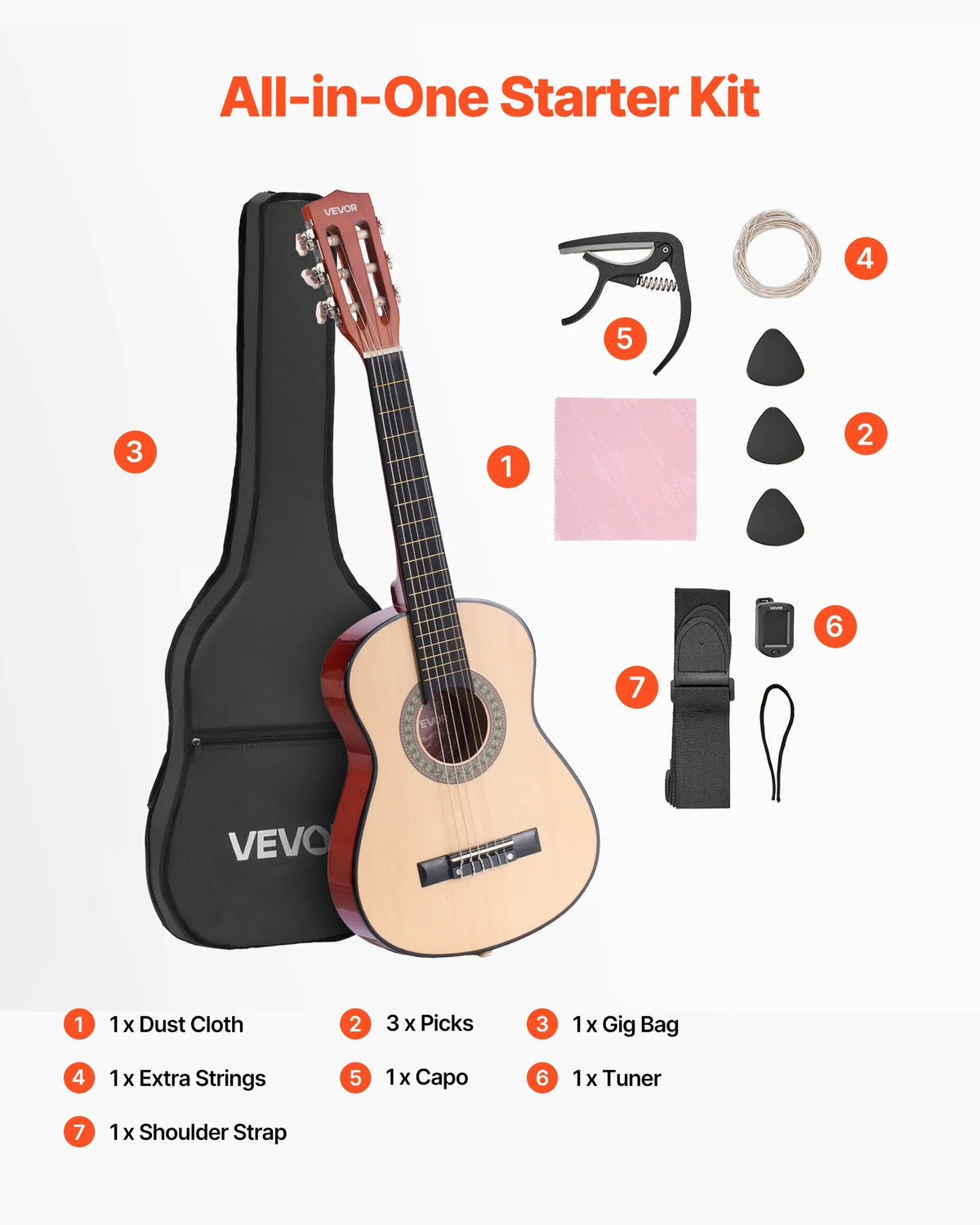VEVOR Classical Guitar 780 mm with Nylon Strings, Beginner Kit with Bag, Strap, Tuner and Capo, for Children, Natural Wood
