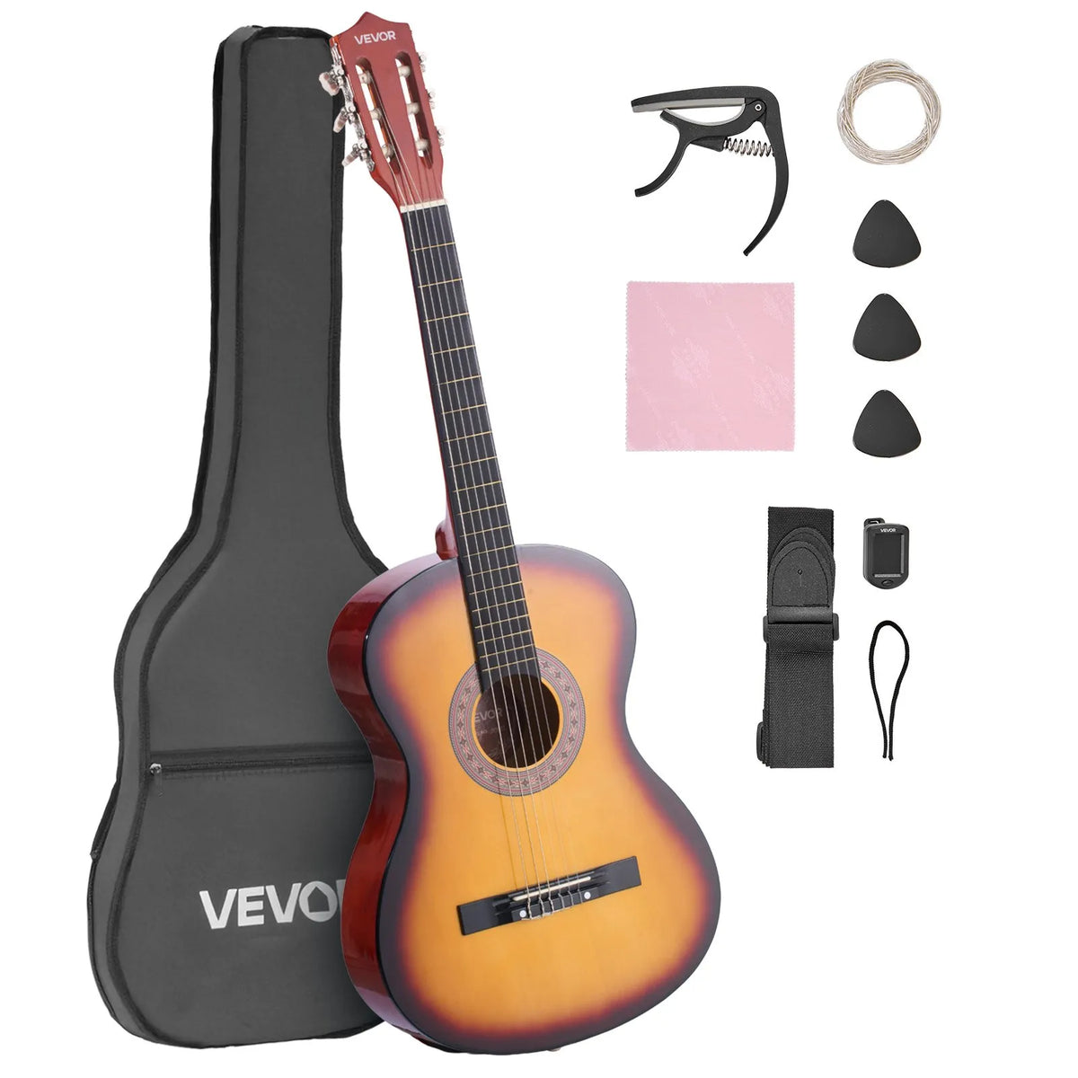 VEVOR Classical Guitar 960 mm with Nylon Strings, Beginner Kit with Bag, Strap, Tuner and Capo, Sunset Tone