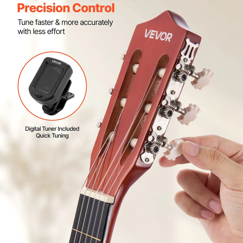 VEVOR klasiskā ģitāra 960 mm ar neilona stīgām, koka korpusu un iesācēju piederumu komplektu (soma, siksna, skaņotājs, stīgas, plektrs, kapo), ar saulrieta krāsojumu
