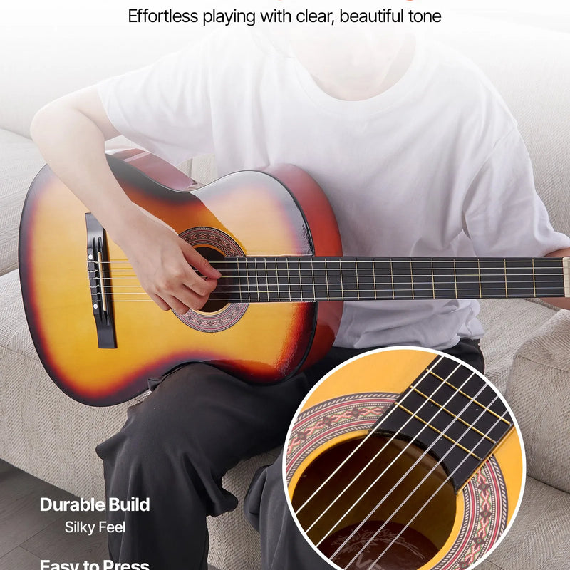 VEVOR klasiskā ģitāra 960 mm ar neilona stīgām, koka korpusu un iesācēju piederumu komplektu (soma, siksna, skaņotājs, stīgas, plektrs, kapo), ar saulrieta krāsojumu