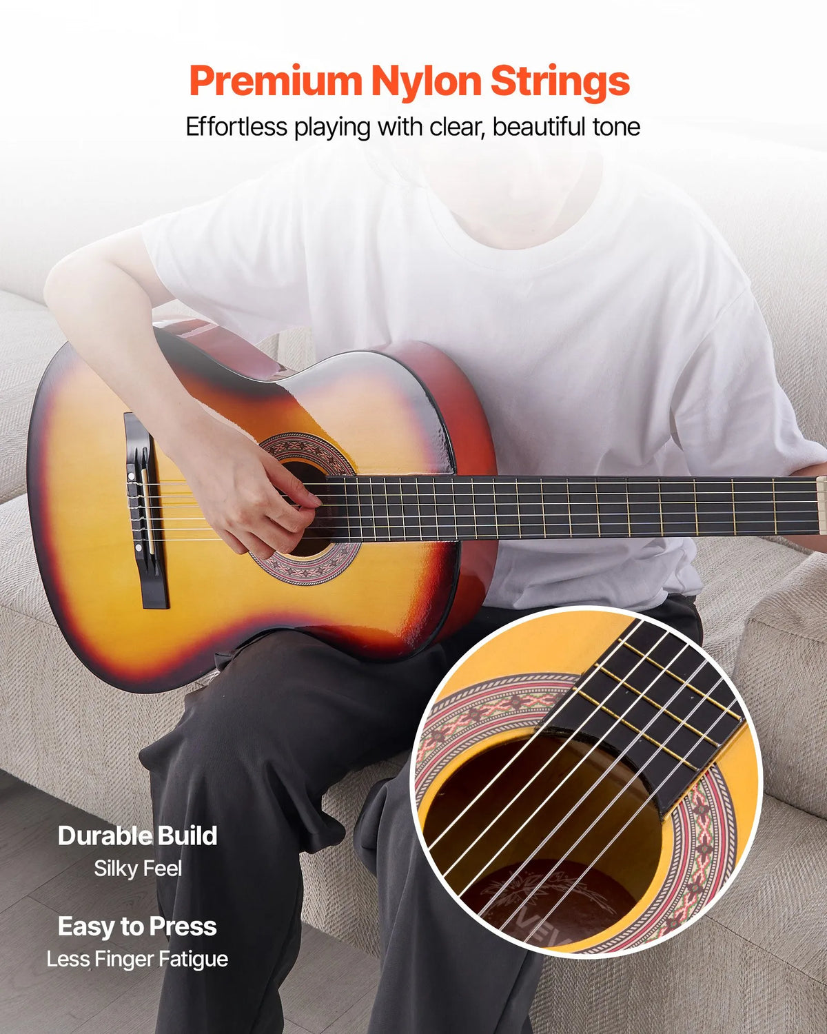 VEVOR Classical Guitar 960 mm with Nylon Strings, Beginner Kit with Bag, Strap, Tuner and Capo, Sunset Tone