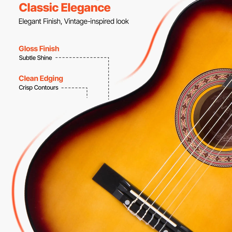 VEVOR klasiskā ģitāra 960 mm ar neilona stīgām, koka korpusu un iesācēju piederumu komplektu (soma, siksna, skaņotājs, stīgas, plektrs, kapo), ar saulrieta krāsojumu