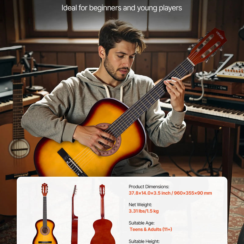 VEVOR klasiskā ģitāra 960 mm ar neilona stīgām, koka korpusu un iesācēju piederumu komplektu (soma, siksna, skaņotājs, stīgas, plektrs, kapo), ar saulrieta krāsojumu