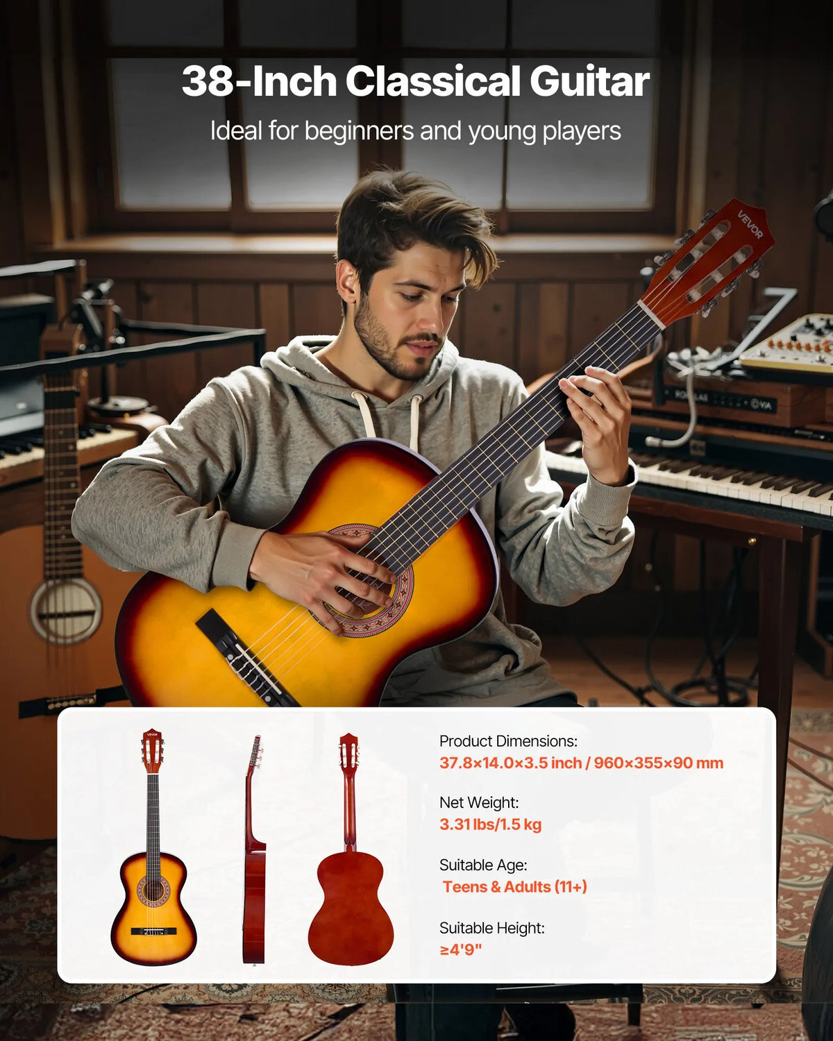 VEVOR Classical Guitar 960 mm with Nylon Strings, Beginner Kit with Bag, Strap, Tuner and Capo, Sunset Tone