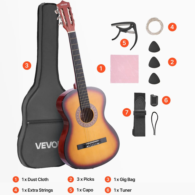VEVOR klasiskā ģitāra 960 mm ar neilona stīgām, koka korpusu un iesācēju piederumu komplektu (soma, siksna, skaņotājs, stīgas, plektrs, kapo), ar saulrieta krāsojumu