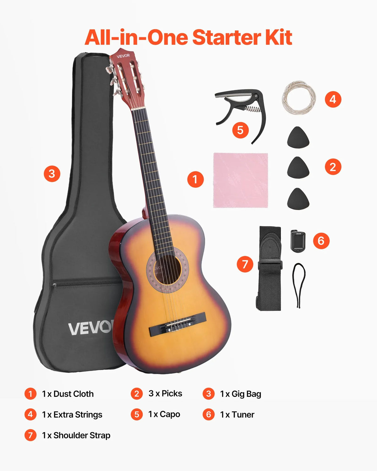 VEVOR Classical Guitar 960 mm with Nylon Strings, Beginner Kit with Bag, Strap, Tuner and Capo, Sunset Tone
