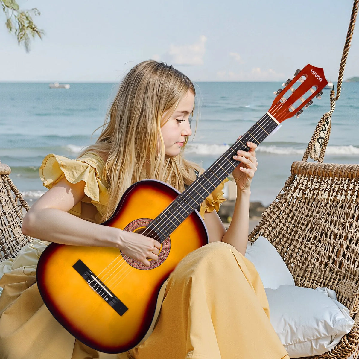 VEVOR Classical Guitar 960 mm with Nylon Strings, Beginner Kit with Bag, Strap, Tuner and Capo, Sunset Tone