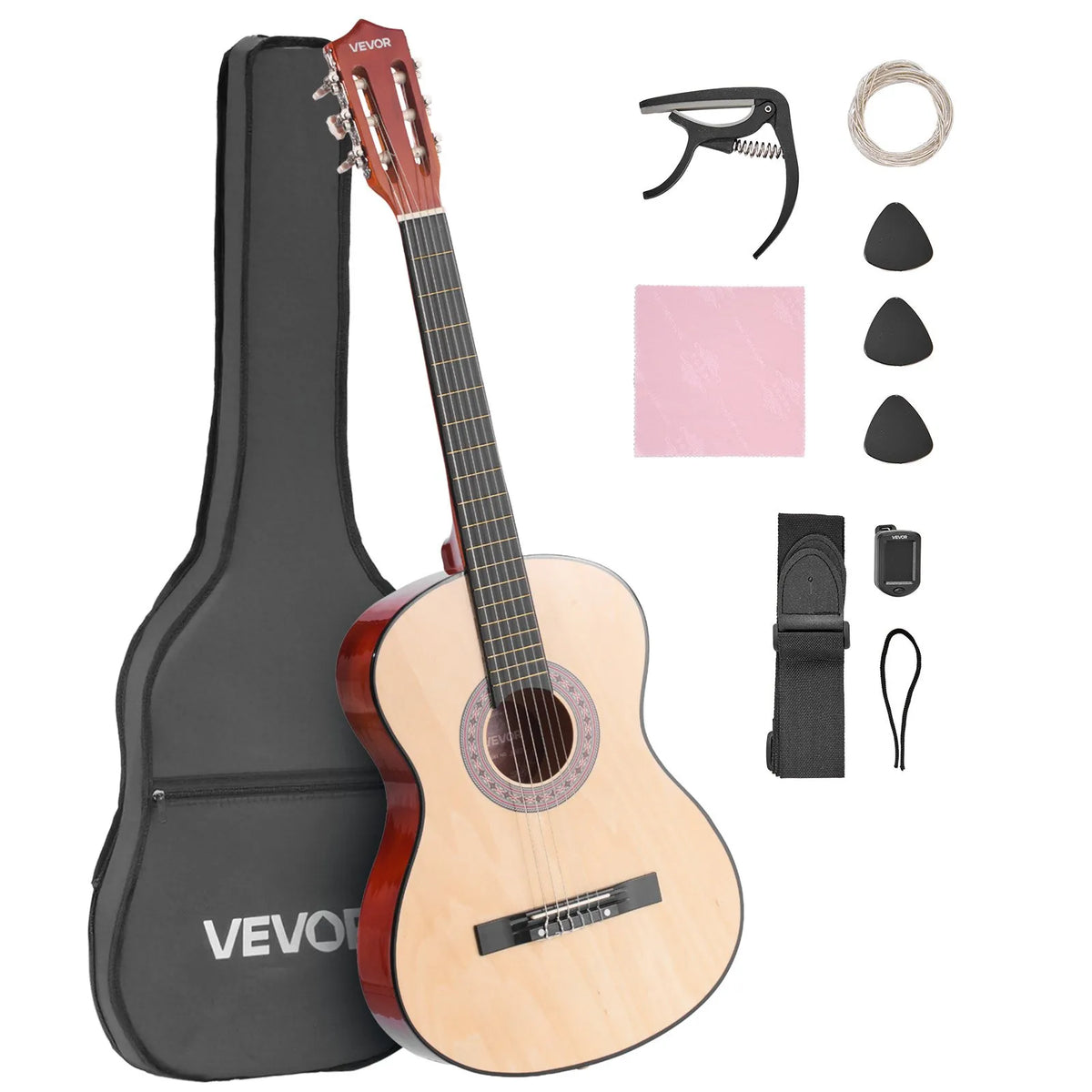 VEVOR Classical Guitar 960 mm with Nylon Strings, Beginner Kit with Bag, Strap, Tuner and Capo, Natural Wood