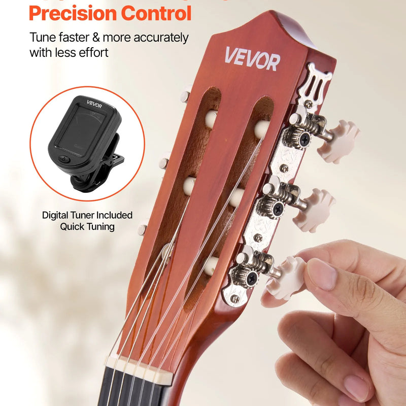 VEVOR klasiskā ģitāra 960 mm ar neilona stīgām un iesācēju piederumu komplektu (soma, siksna, skaņotājs, stīgas, plektri, kapo), liepu koka korpuss, dabīga krāsa