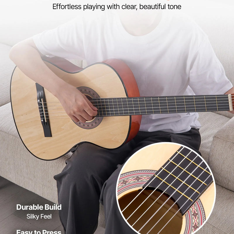 VEVOR klasiskā ģitāra 960 mm ar neilona stīgām un iesācēju piederumu komplektu (soma, siksna, skaņotājs, stīgas, plektri, kapo), liepu koka korpuss, dabīga krāsa