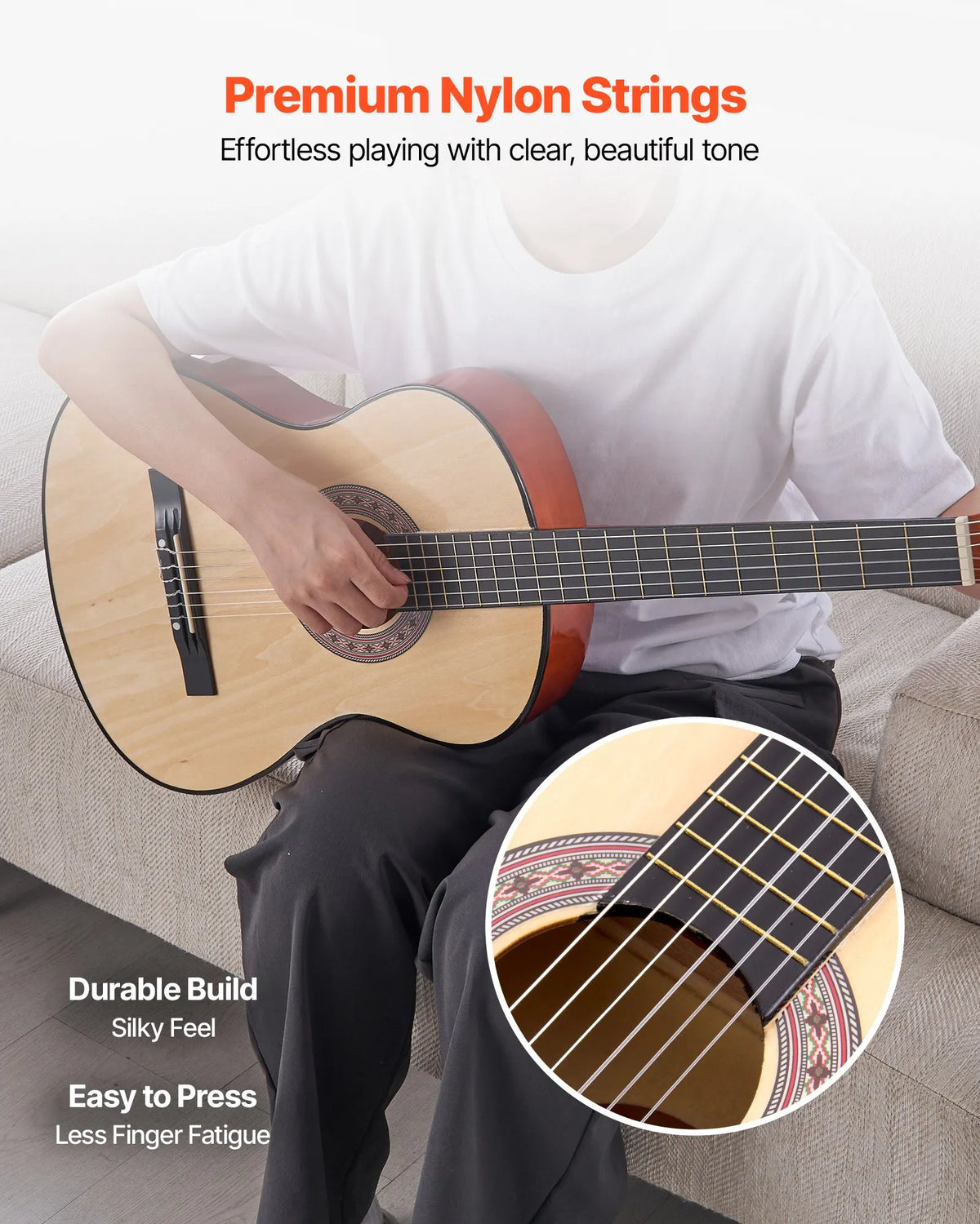 VEVOR Classical Guitar 960 mm with Nylon Strings, Beginner Kit with Bag, Strap, Tuner and Capo, Natural Wood