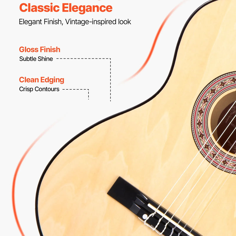 VEVOR klasiskā ģitāra 960 mm ar neilona stīgām un iesācēju piederumu komplektu (soma, siksna, skaņotājs, stīgas, plektri, kapo), liepu koka korpuss, dabīga krāsa