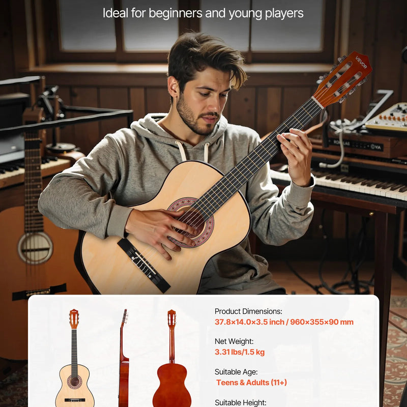 VEVOR klasiskā ģitāra 960 mm ar neilona stīgām un iesācēju piederumu komplektu (soma, siksna, skaņotājs, stīgas, plektri, kapo), liepu koka korpuss, dabīga krāsa