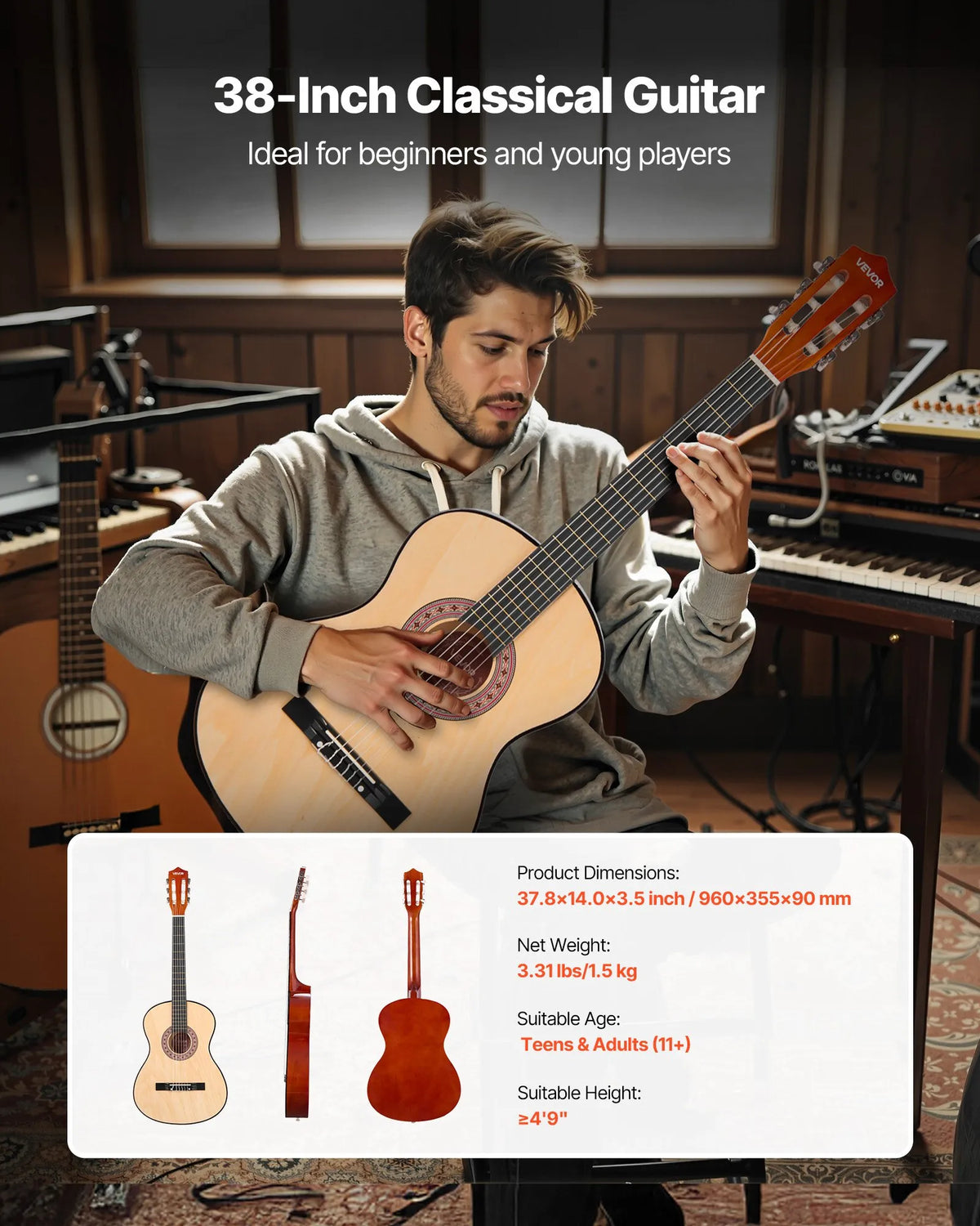 VEVOR Classical Guitar 960 mm with Nylon Strings, Beginner Kit with Bag, Strap, Tuner and Capo, Natural Wood