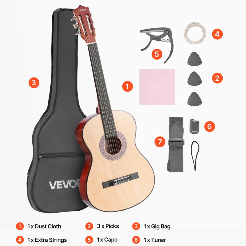 VEVOR klasiskā ģitāra 960 mm ar neilona stīgām un iesācēju piederumu komplektu (soma, siksna, skaņotājs, stīgas, plektri, kapo), liepu koka korpuss, dabīga krāsa