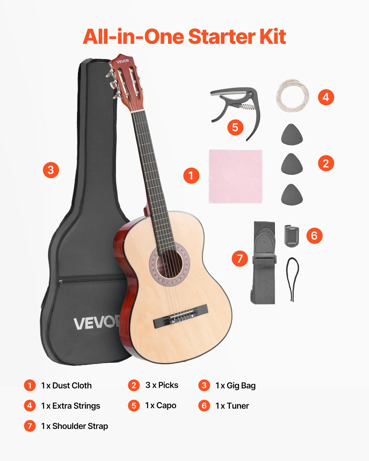 VEVOR Classical Guitar 960 mm with Nylon Strings, Beginner Kit with Bag, Strap, Tuner and Capo, Natural Wood