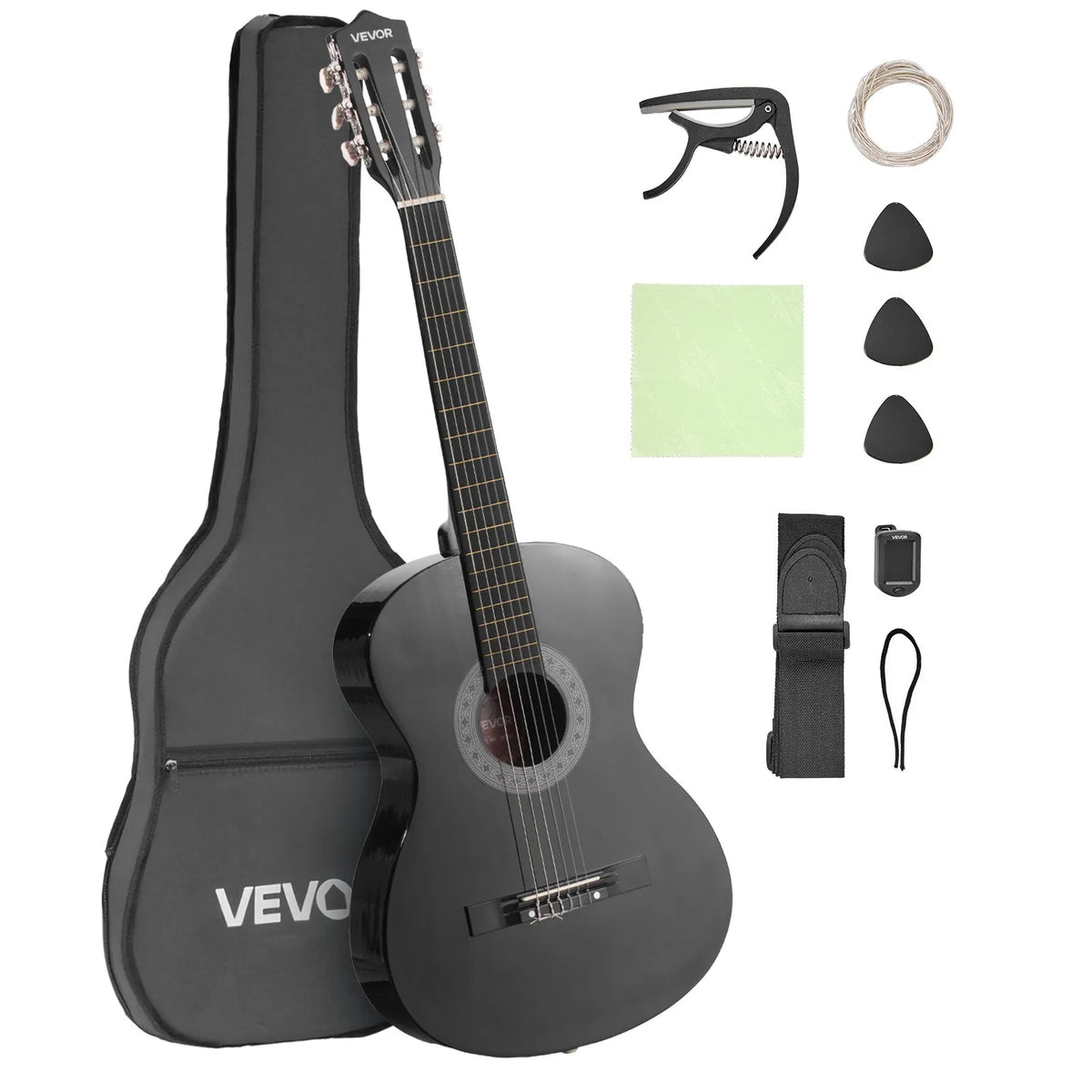 VEVOR Classical Guitar 960 mm with Nylon Strings, Beginner Kit with Bag, Strap, Tuner and Capo, Black