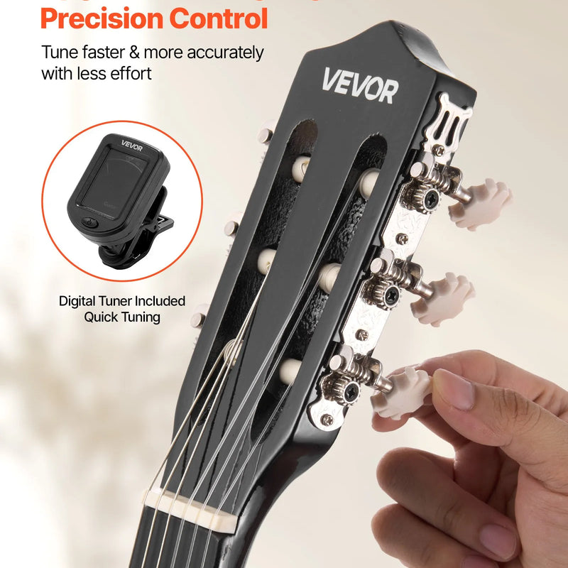 VEVOR klasiskā ģitāra, 960 mm, koka ģitāras starterkomplekts iesācējiem ar neilona stīgām, pārnēsājamo somu, siksnu, skaņotāju, papildu stīgām, mediatoriem un kapo; liepas koks, piemērota pusaudžiem, pieaugušajiem un studentiem, melna