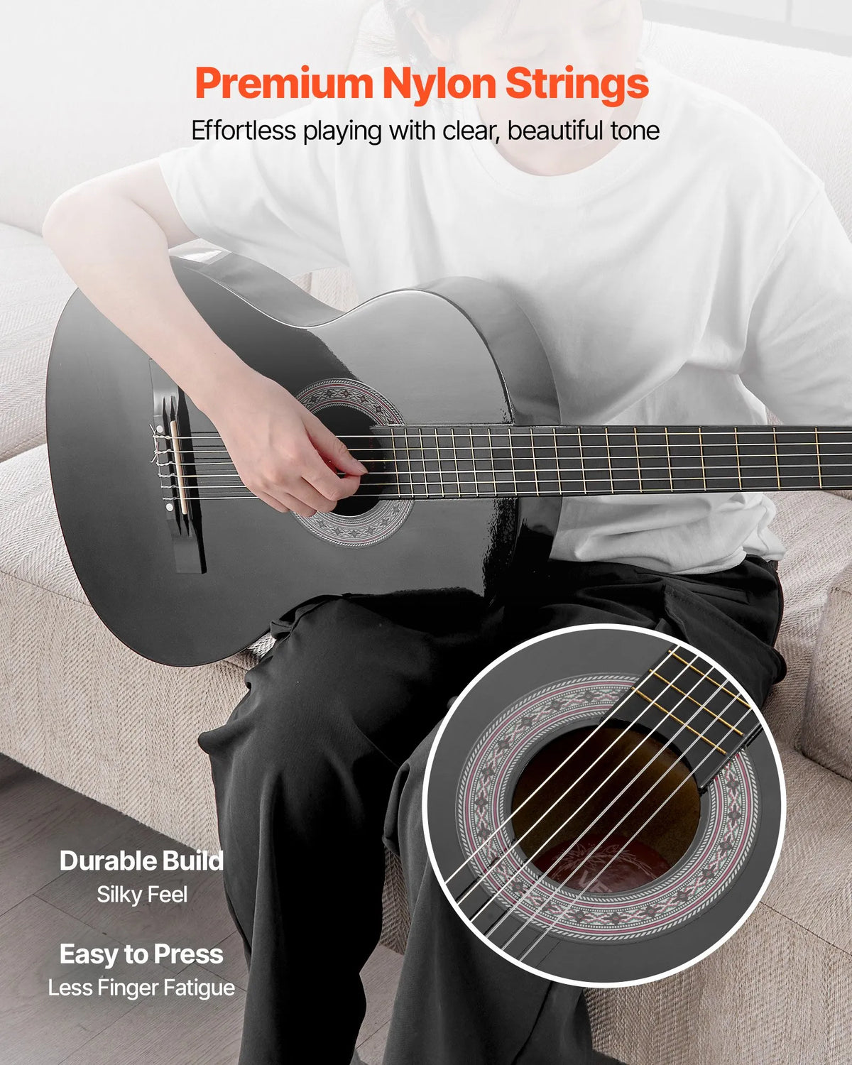 VEVOR Classical Guitar 960 mm with Nylon Strings, Beginner Kit with Bag, Strap, Tuner and Capo, Black