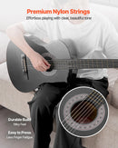 VEVOR klasiskā ģitāra, 960 mm, koka ģitāras starterkomplekts iesācējiem ar neilona stīgām, pārnēsājamo somu, siksnu, skaņotāju, papildu stīgām, mediatoriem un kapo; liepas koks, piemērota pusaudžiem, pieaugušajiem un studentiem, melna